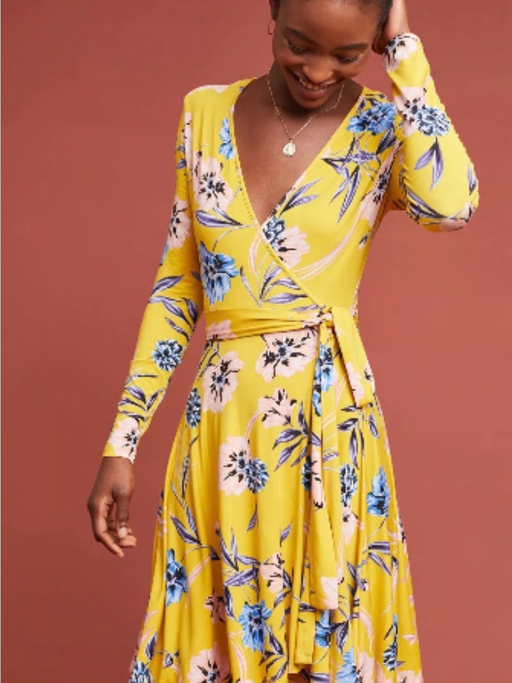 Yumi Kim Anthropologie Yellow Wrap Dress Blue and Pink Floral, Med, Excellent